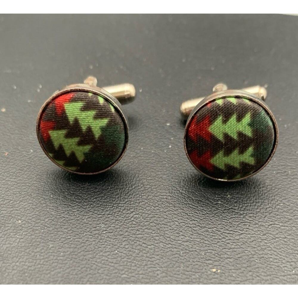 Silver Tone And Christmas Tree Fabric Wrapped Cuff Links